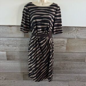 Connected Sz 12 Gray Tone Knit Pencil Dress Self Sash Elbow Sleeves Pullover